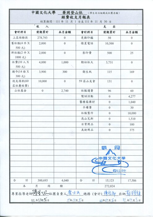 11月月報表